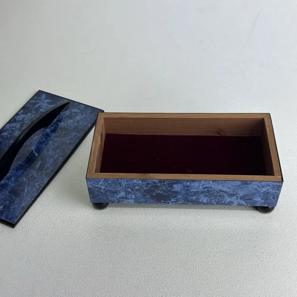 Modern Times Blue Marbled Wooden Keepsake Jewelry Box Velvet Lined With Feet